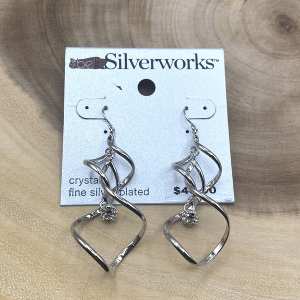 Silverworks Double Ribbon Twist Drop Pave Earrings